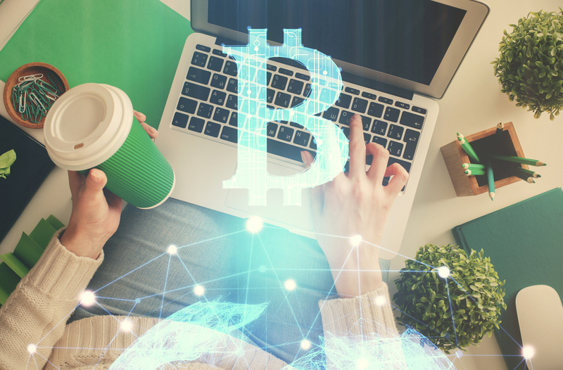 Double,Exposure,Of,Woman,Hands,Working,On,Computer,And,Blockchain