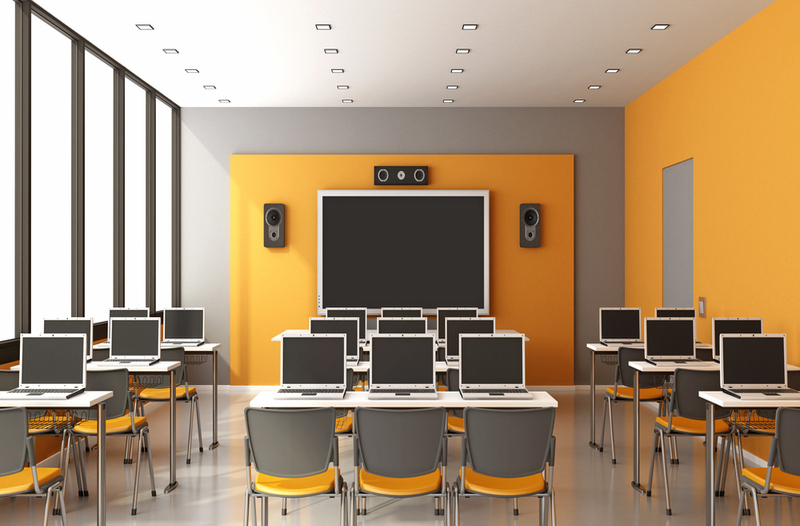 Contemporary,Multimedia,Classroom,With,Digital,Blackboard,laptop,And,Speaker,-,3d